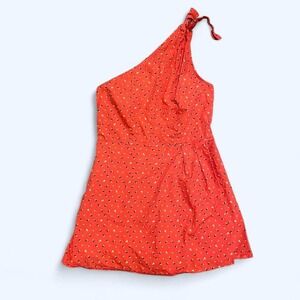 Red orange one shoulder romper with adjustable tie. urban outfitters size small